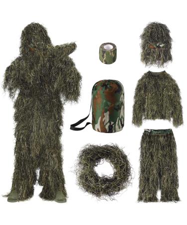 Seeutek 6 in 1 Ghillie Suit, 3D Camouflage Hunting Apparel Including Jacket, Pants, Hood, Carry Bag and Camo Tapes, Suitable for Men Hunting, Military, Sniper Airsoft, Paintball, Halloween Costume Medium or Large