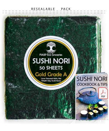 Sushi Nori Seaweed Sheets - (Baked September 2022) - S. Korea Family Farm (50 Full Sheets) Top Grade (Gold), Nori e-Book