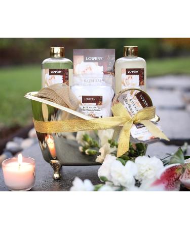 Fathers Day Luxury Home Spa Gift Basket - White Rose & Jasmine Scent - 13 Piece Bath & Body Set for Men & Women - Shower Gel, Bubble Bath, Body Scrub, Salts, 6 Bath Bombs, Pouf, Cosmetic Bag & Gold Tub - Buy Online on GoSupps.com