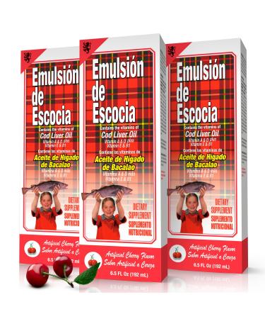 Emulsion de Escocia Cherry Flavor with Vitamins and Cod Liver Oil for Kids and Adults | Pleasant Taste | Immune and General Wellness Support | 6.5 Oz | 3-Pack