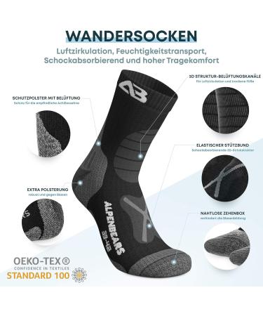 Alps Bears Merino Wool Hiking Socks - Professional Trekking Socks for Men Women & Kids - Warm & Durable - 2 & 3 Pair Options Available - Size 43-48 - Black - Buy Online on GoSupps.com