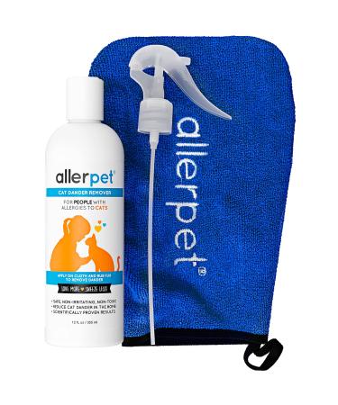 Allerpet Cat Dander Remover - 100% Non Toxic Pet Allergen Reducer - Scientifically Proven for Effective Cat Allergy Relief - Proudly USA Made (12oz) Single w/ Applicator Mitt + Sprayer
