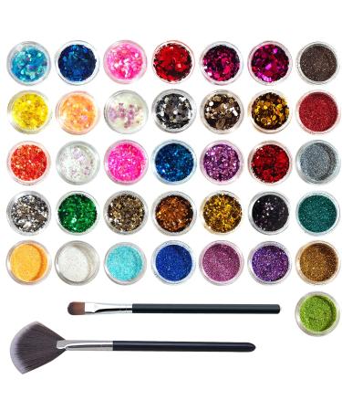 VEGCOO 36 Pots Nail Art Glitter Sequins Powder 24 Pots Holographic Nail Sequins & 12 Pots Extra Fine Glitter Chunky Cosmetic Glitter for Body Face Eye Lips Card Making Crafting Scrapbooking