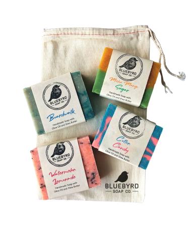 BLUEBYRD Soap Co. Natural Kids Soap Bars Variety Pack of 4 | Childrens Bar Soap Variety Set of Four | Body Wash Bar for Teens & Kids | Colorful Kids Soap Bars with Gift Bag | Kid Soap Made in the USA with Organic and Nat...