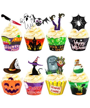 164PCS Halloween Cupcake Toppers Wrappers - Spider Web Pumpkin Zombie Hand Cake Party Decorations Supplies