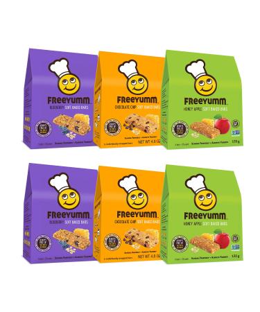 FreeYumm Soft Baked Bars Variety Pack - Chocolate Chip, Honey Apple, & Blueberry - Plant Based with Real Fruit - Allergen Free - Gluten Free - Safe for School - 30 Individually Wrapped 4.8 Ounce Bars