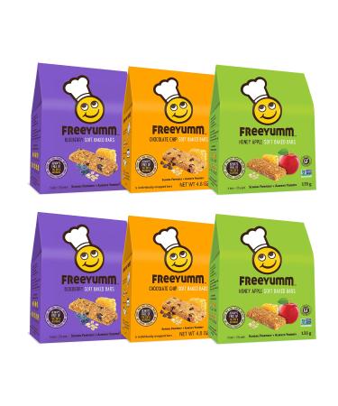 FreeYumm Soft Baked Bars Variety Pack - Chocolate Chip, Honey Apple, & Blueberry - Plant Based with Real Fruit - Allergen Free - Gluten Free - Safe for School - 30 Individually Wrapped 4.8 Ounce Bars - Buy Online on GoSupps.com