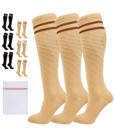 360 RELIEF - Flight Compression Socks Supports | Blood Circulation Travel Work XXL 3Pairs-Beige with 2 Dark brown lines