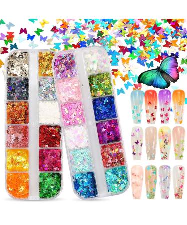 ANDERK Colorful Butterfly Sequins for Hair and Nails - 24 Boxes Iridescent Flakes Colorful Mixed Paillette Makeup Face Body Hair Nail Art Decoration