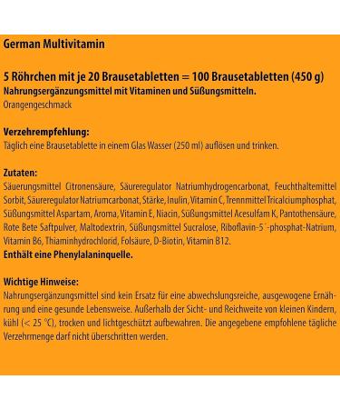 Buy German Multivitamin Effervescent Tablets - 5x20 pcs Orange Flavor - Rich in Vitamins C E B1 B2 B6 B12 Biotin & More - T&D Pharma - International Shipping Available - Buy Online on GoSupps.com