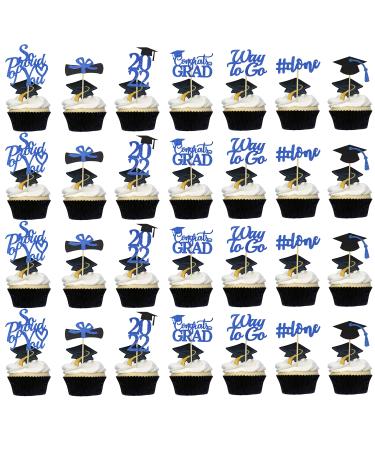 Graduation Cupcake Toppers 2022 Blue, Glitter Class of 2022 Cupcake Toppers Supplies, Class of 2022 Congrats Grad Cap Diploma Cupcake Picks for Graduation Party Decorations 2022 Blue and Black - 35Pcs