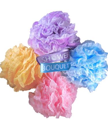 Loofah-Bath-Sponge Lace-Mesh-Set  2-Scrubs-in-1 by Shower Bouquet: Large Full 60g Pouf (4 Pack Spa Colors) Body Luffa Loofa Loufa Puff - Exfoliate, Cleanse Skin with Luxurious Bathing Accessories