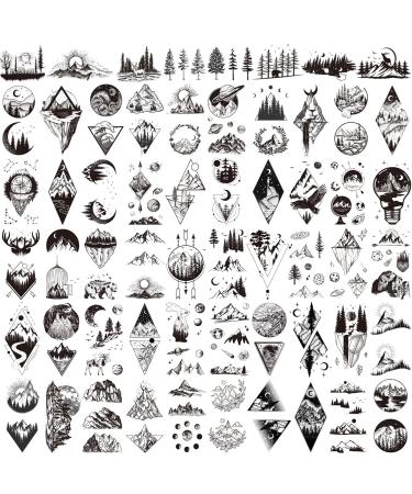 62 Sheets Mountain Temporary Tattoos Stickers, Including Fake Tattoos Waterproof Fake Black Geometry Sun Star Moon Tree Triangle Sea Wave Tattoos, Semi Permanent Tattoos for Adult and Kids