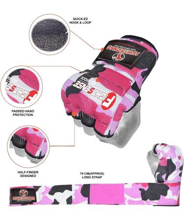 FIGHTSENSE Padded Gel Inner Boxing Gloves with Long Elasticated Hand Wraps - Camo Pink Small (Pair) | For Men and Women - Ideal for Boxing, MMA, Muay Thai, Kickboxing, Martial Arts Training - Buy Online on GoSupps.com