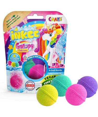 INKEE Galupy Unicorn 5 Packs of 4 x 50g Bath Bombs with Chewing Gum Fragrance in 4 Colours with Jojoba Oil Total 20 Bombs - Buy Online on GoSupps.com