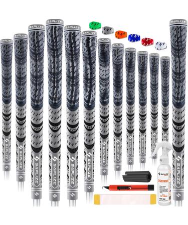 SAPLIZE CL03 Hybrid Golf Grips 13 Pack, Options of Upgrade kit(13 Grips with 15 Tapes) or Deluxe Kit(13 Grips with Solvent kit), 6 Colors, Standard/Midsize, MultiCompound Golf Club Grips Grey, 13 grips with full solvent kit Mid-Size