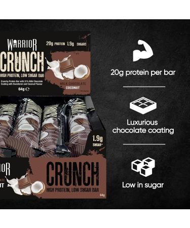 Warrior CRUNCH High Protein Bars - 20g Protein Each - Dark Chocolate Peanut Butter - Pack of 12 x 64g & Crunch Bars Milk Chocolate Coconut 12X64G Dark Chocolate Peanut Butter & Milk Chocolate Coconut + Milk Chocolate Coconut CRUNCH 12 Bars - Buy Online on GoSupps.com