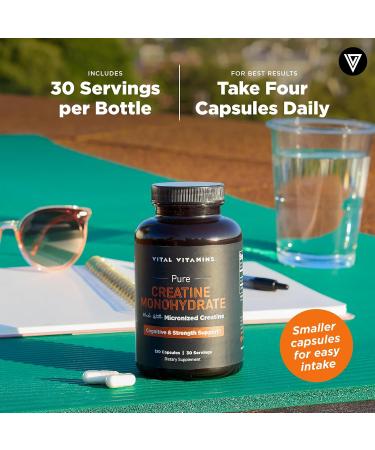 Vital Vitamins Creatine Monohydrate Pills for Women & Men - Micronized Creatine Capsules - Cognitive Strength Recovery Support - 3g (3000mg) per Serving - Vegan Non-GMO 120 Count 120 Count (Pack of 1) - Buy Online on GoSupps.com