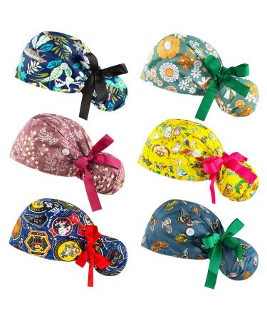 YEAJOIN Scrub Caps Women Bouffant Scrub Hats Caps for Nurses, Adjustable Working Cap with Button Ponytail Pouch Tie Back Hats for Women Long Hair Covers, 6PCS Multicolor