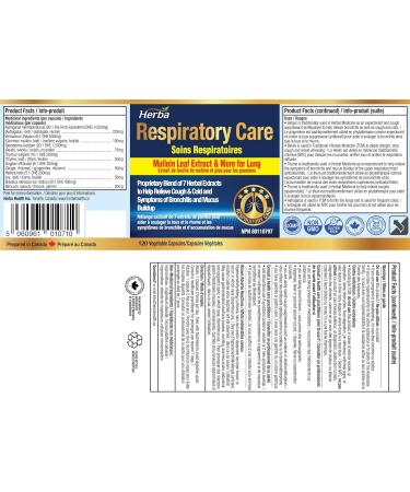 Herba Lung Supplement with Mullein Leaf Extract for Lung Cleanse and Detox 120 Capsules | Mucus and Phlegm Relief | Made in Canada | Respiratory Care - Buy Online on GoSupps.com