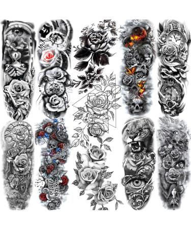 11 Sheets NEZAR Sexy Big Rose Flower Full Arm Temporary Tattoos For Women Compass Clock Fake Tattoo Sticker Long Large Temporary Tattoo Sleeves Tribal Waterproof Twisted Chain Temp Tatoo Paper Skull