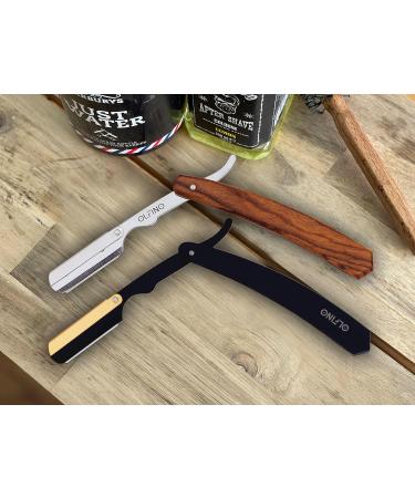 OLFINO Pack of 2 Straight Razors - Matte Black & Gold, Barber Razor with Wood Handle and 20 Blades | Professional Men's Straight Edge Razor Kit - Buy Online on GoSupps.com