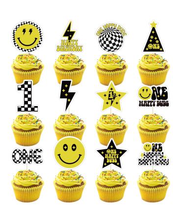 48Pcs One Happy Dude Cupcake Toppers Smiley Face Cupcake Topper One Happy Dude Birthday Decorations Suitable for One Happy Dude/One Year Old/One Cool Dude 1st Birthday Decorations