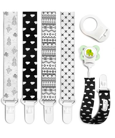 Putska 4 Pack Baby Pacifier Clip Girl & boy - Unisex Pacifier Clips for Boys & Boys. The Pacifier Holder teether Comes with MAM Attachment. 4 Plastic Teething Pacifier Clips Baby Girl and boy B&W
