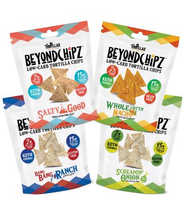 BeyondChipz Keto Tortilla Chips | Low Carb Protein Chips | 2g Net Carbs & 13g Pea Protein | Healthy All Natural Snack | Gluten Free | Grain Free - Ultimate Sampler Pack, 5.3oz Bag (Pack of 4) Variety 4 Pack 5.3 Ounce (Pack of 4)