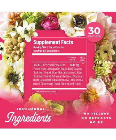 DigestLive PMS Constipation Relief Laxative for Women 30 Capsules 100% Herbal Stool Softener - Female Gentle Natural Colon Cleanse Detox Bloating & Gas Fast-Acting Vegan Gluten & GMO-Free - Buy Online on GoSupps.com