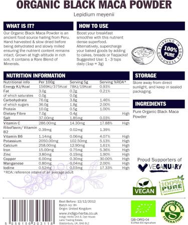 Indigo Herbs Organic Black Maca Powder 250g - Premium Quality Superfood Supplement - Buy Online on GoSupps.com