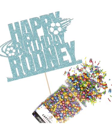 Cakeshop Cake Decoration Pack | Football Theme Happy Birthday Premium Double Sided Glitter Card Cake Topper & 25g Party Pack of Cake Sugar Sprinkles | Custom Name Cake Decoration (Baby Blue) Non-Prime Glitter Card: Baby Blue