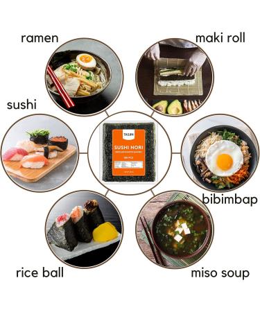 Tasjin Sushi Nori Sheets| 100 Full Size Sheets | Roasted Seaweed For Maki and Hand Rolls| Non-GMO and Gluten Free| Product of Taiwan| Includes Exclusive Step by Step Sushi Making Tutorial - Buy Online on GoSupps.com