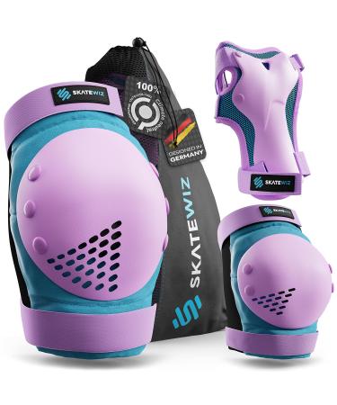 SKATEWIZ Skateboard Protective Gear Set for Kids - Smash - Roller Skate Pads 6pc - Elbow Pads Roller Derby and Knee Pads Skating with Wrist Guards Kids L/XL - Adults Blue Purple