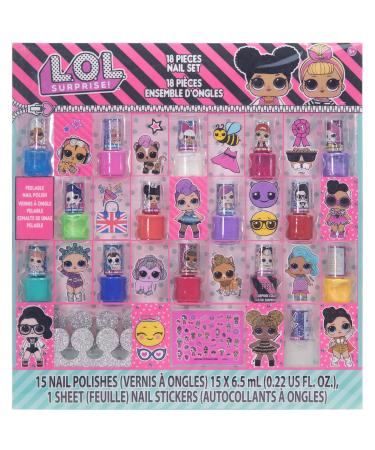 L.O.L Surprise! Townley Girl Non-Toxic Water Based Peel-Off Nail Polish Set for Girls, Glittery & Opaque Colors, with Toe Spacers and Nail Stickers, Ages 5+ for Parties, Sleepovers & Makeovers, 18 Pcs