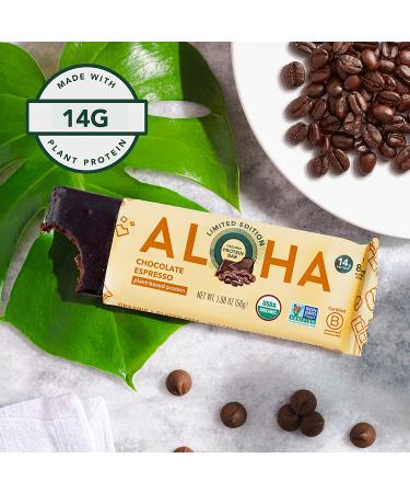 ALOHA Organic Chocolate Espresso Protein Bars - 12 Bars | Vegan, Low Sugar, Gluten-Free, Paleo, Low Carb, Non-GMO | 85mg Caffeine, No Stevia or Erythritol - Buy Online on GoSupps.com