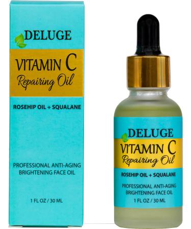 Deluge Vitamin C Face Treatment Oil - Brightening And Repairing Oil- Rosehip Oil Squalane Coconut Oil Grapeseed Oil Jojoba Oil Vitamin C Skin Oil Vitamin E. Net Wt. 30 Ml