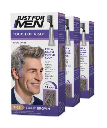 Just For Men Touch of Gray Mens Hair Color Kit with Comb Applicator for Easy Application Great for a Salt and Pepper Look - Light Brown T-25 Pack of 3 1.40 Ounce (Pack of 3) Light Brown T-25