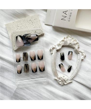 Black Acrylic French Tip Press-On Nails with Gold Glitters - Medium Length False Nails for Women - Buy Online on GoSupps.com