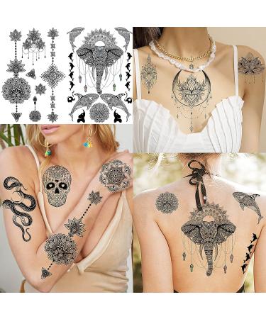JOEHAPY 31 Sheets Indian Black Temporary Tattoos for Women - Bohemian 3D Design with Lotus, Tribal Figures, and Animals - Long-Lasting Fake Tattoos for Adults - Buy Online on GoSupps.com