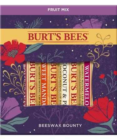 Burt’s Bees Holiday Gift, 4 Lip Balm Stocking Stuffer Products, Beeswax Fruit Set - Pomegranate, Sweet Mandarin, Coconut and Pear & Watermelon (New Version) Bounty Fruit Lip Balm 4pk