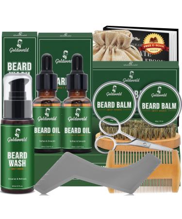 Beard Kit Beard Growth Grooming Kit w/2 Pack Beard Oil & 2 Pack Beard Balm Christmas Stocking Stuffers Gifts for Men Him Husband Dad Boyfriend Shaving Kit w/Beard Wash Comb Brush (Orange)