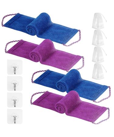 African Exfoliating Body Net, Bath Sponge 4 Pieces, Nylon African Net Sponge with 4 Soap Mesh & 4 Adhesive Hooks, Bathing Scrubber Back Skin Smoother for Women Men Daily Use, Stretch Length to 29inch Blue/Purple