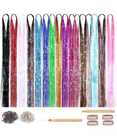 PEOVLVN 16 Colors Hair Tinsel Kit 35 Inch Glitter Hair Tinsel Heat Resistant Tinsel Hair Extensions Fairy Hair Tinsel Kit with Tools for Girls Women Christmas New Year Halloween Cosplay - Buy Online on GoSupps.com