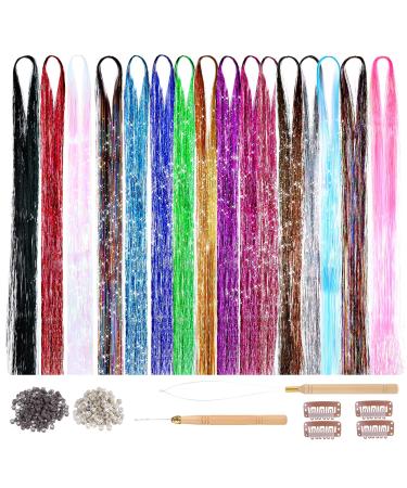 PEOVLVN 16 Colors Hair Tinsel Kit 35 Inch Glitter Hair Tinsel Heat Resistant Tinsel Hair Extensions Fairy Hair Tinsel Kit with Tools for Girls Women Christmas New Year Halloween Cosplay