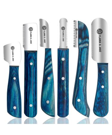 FLAMIA & JABZ FJ Professional Stripping Knife kit (6 Pieces Set) for Dogs & Pets, Wooden Handle Grip with Stainless Steel Blade (Right Handed) (Blue)