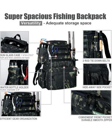 Rodeel Fishing Tackle Backpack with 2 Rod Holders and 4 Tackle Boxes - Large Storage for Trout Fishing and Outdoor Sports - A.Black Camouflage Bag - Buy Online on GoSupps.com