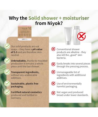  Niyok Niyok 2-in-1 Solid Shower and Care - Solid shower gel without palm oil - pH 5.5 skin-neutral - Plastic-free vegan - Can be used as an organic shower soap - Natural cosmetic - Moisturizes - Soft blossom (80 g) - Buy Online on GoSupps.com