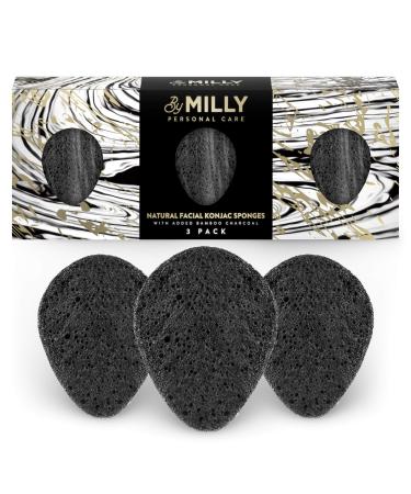 Facial Konjac Sponge - All Natural and Reusable - 3 Pack - with Activated Bamboo Charcoal - Gentle Exfoliating and Cleaning for All Skin Types - Biodegradable - Black
