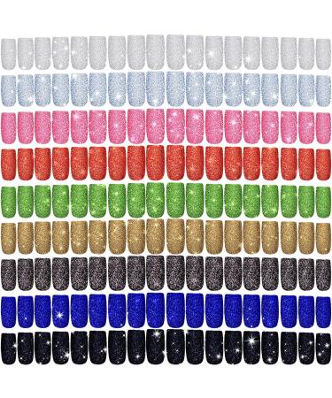 216 Pieces 9 Sets Medium Square Press on Nails Glitter False Nails Full Cover Artificial Fake Nail Colorful Nail Tip Kit for Women and Girls Home Salon Nail Art DIY (Basic Colors)